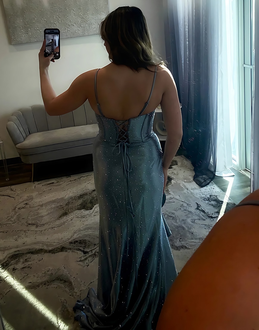 Sparkly Corset Grey Blue Mermaid Ruffled Satin Long Prom Dress with Slit