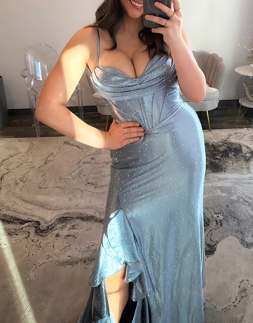 Sparkly Corset Grey Blue Mermaid Ruffled Satin Long Prom Dress with Slit