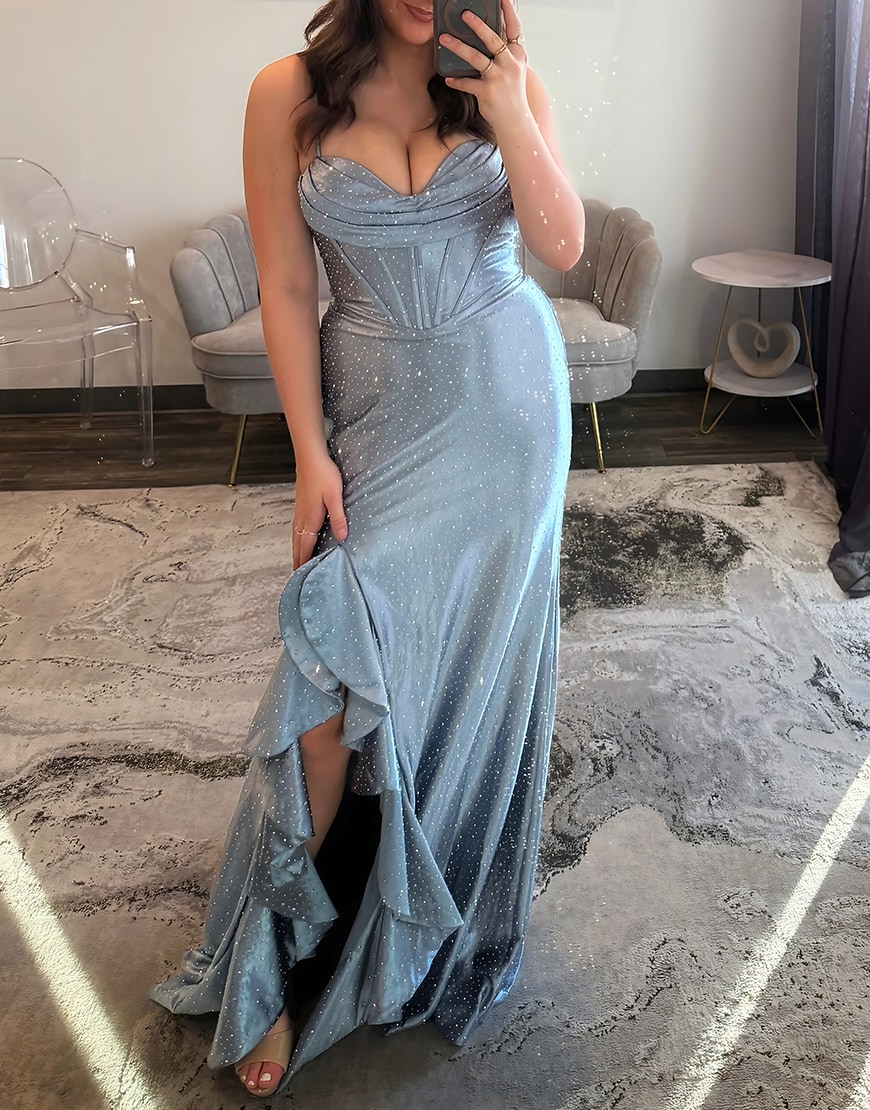 Sparkly Corset Grey Blue Mermaid Ruffled Satin Long Prom Dress with Slit