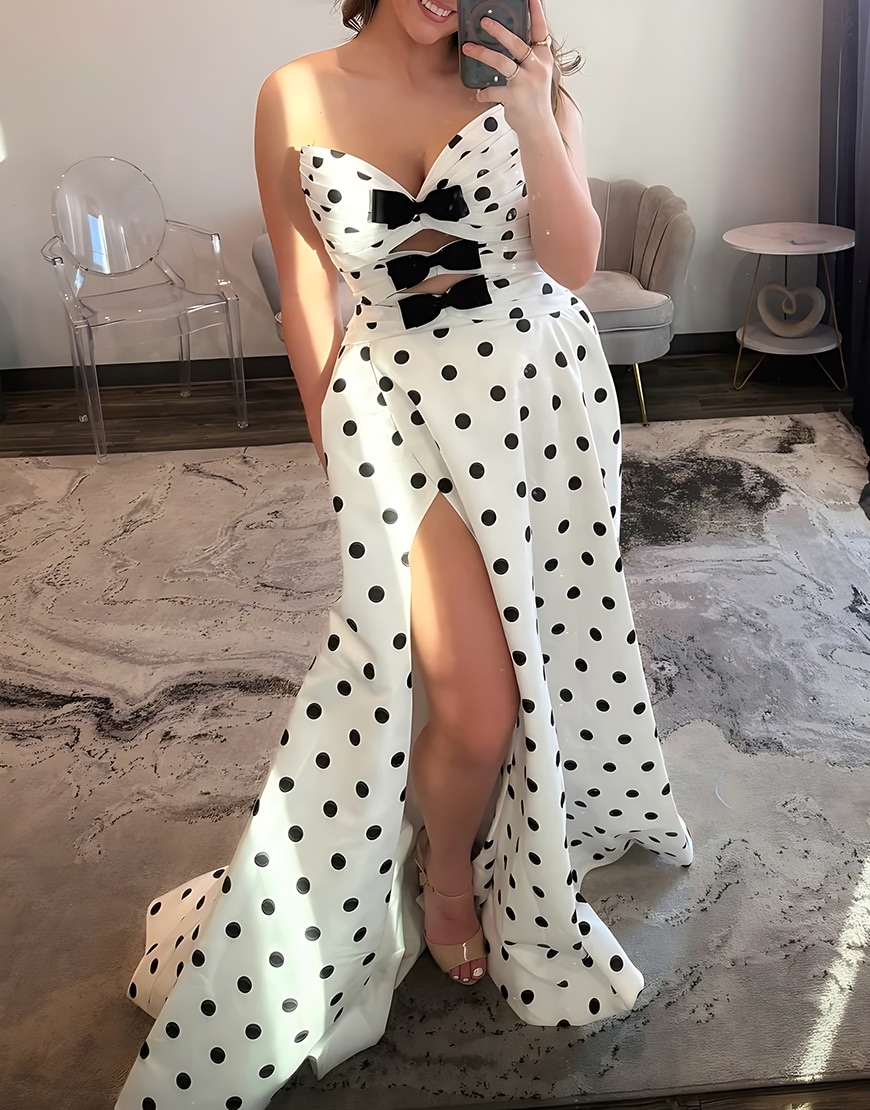 White Black Polka Dots Sweetheart Long Cut Out Prom Dress with Bows