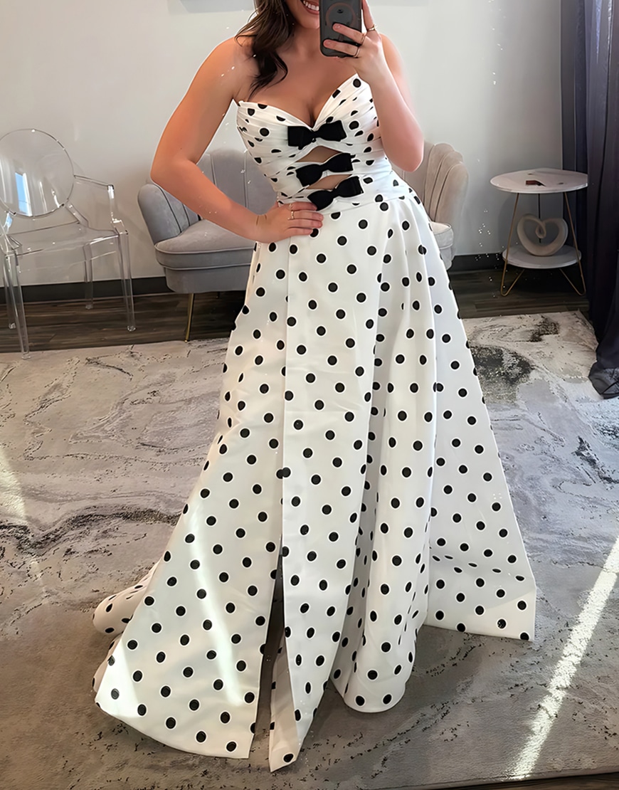 Berlinnova Women White Black Polka Dots Sweetheart Long Prom Dress with Bows A Line Cut Out Ruched Formal Dress with Slit