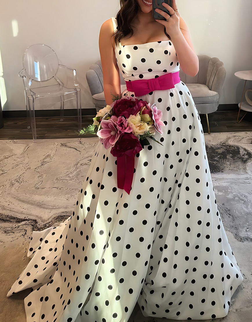 White Black Polka Dots A Line Square Neck Long Prom Dress with Bow