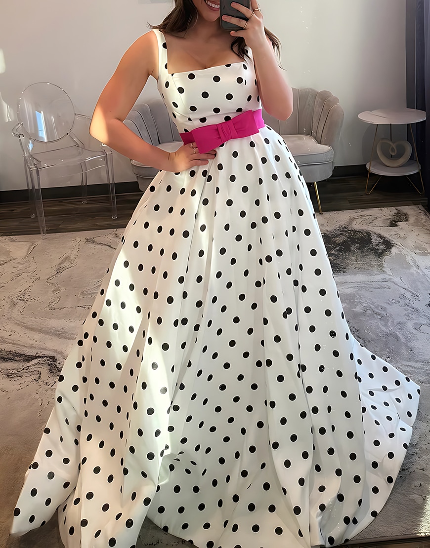 White Black Polka Dots A Line Square Neck Long Prom Dress with Bow