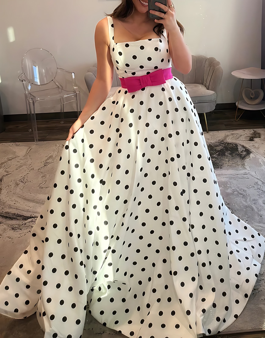 Berlinnova Women White Black Polka Dots Long Prom Dress Square Neck A Line Formal Dress with Bow