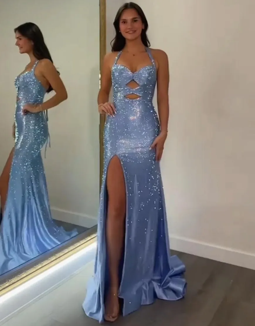 Sparkly Peacock Green Mermaid Keyhole Long Beaded Prom Dress with Slit