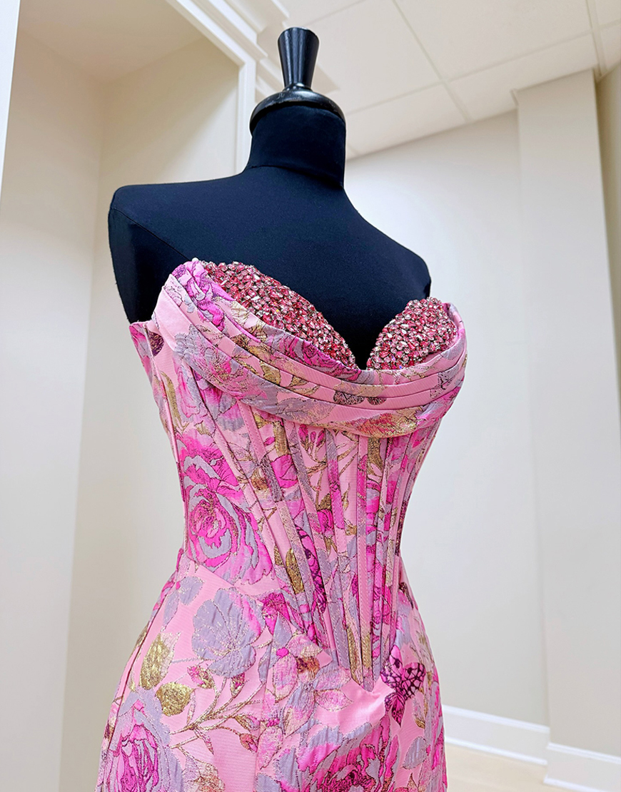 Sparkly Blush Corset Jacquard Long Mermaid Prom Dress with Slit