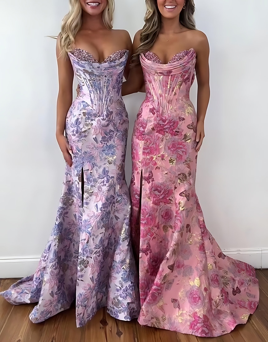 Berlinnova Women Sparkly Blush Corset Floral Jacquard Long Prom Dress with Slit Mermaid Sequins Sweetheart Ruched Pageant Dress