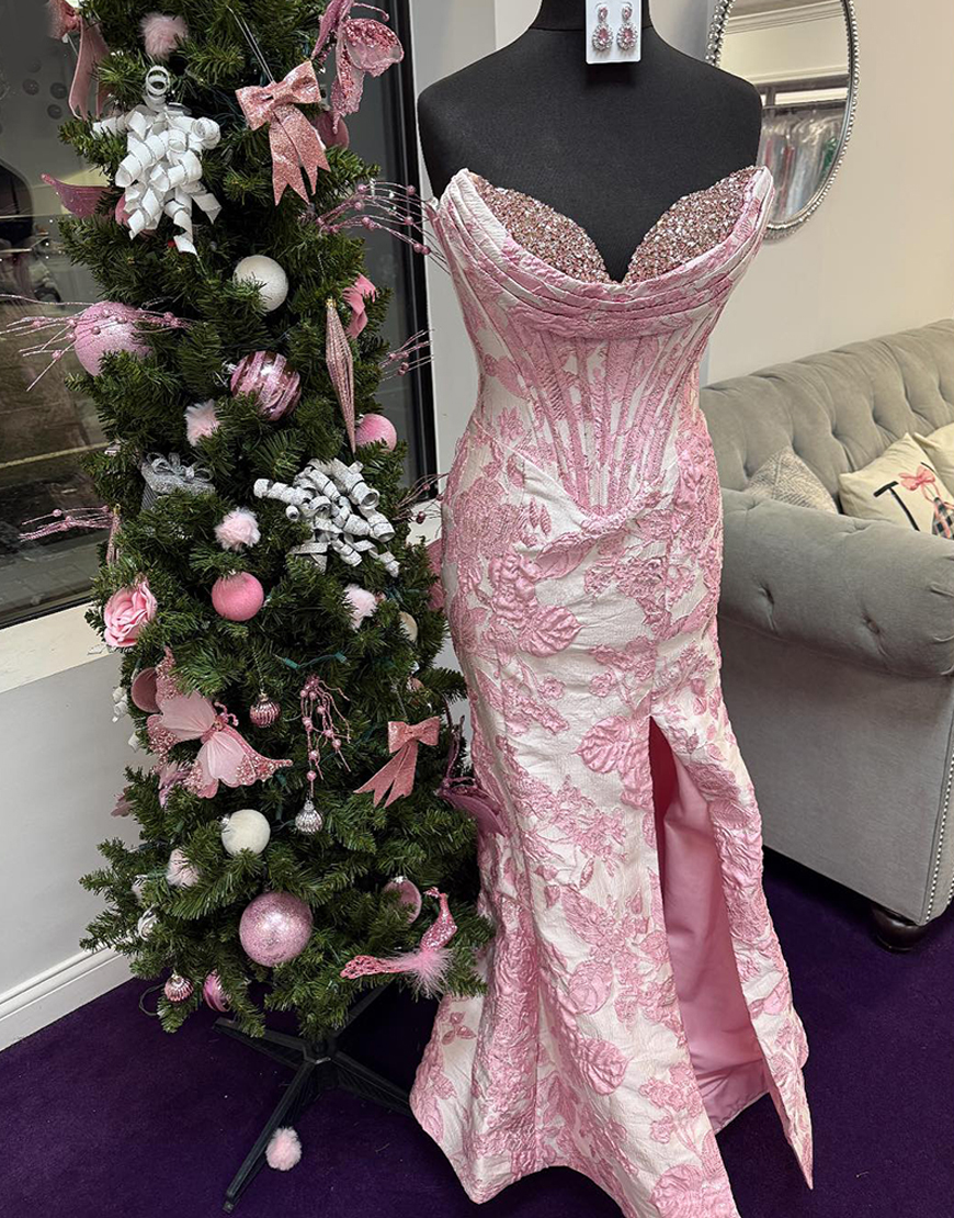 Sparkly Blush Corset Jacquard Long Mermaid Prom Dress with Slit