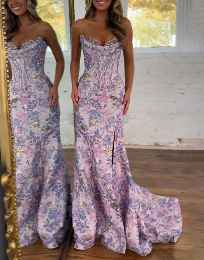 Sparkly Blush Corset Jacquard Long Mermaid Prom Dress with Slit