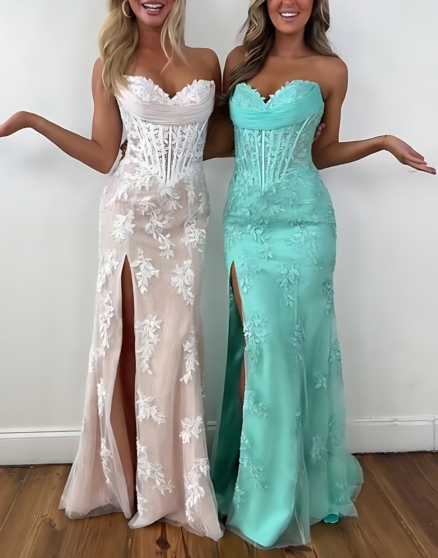 Green Lace Corset Mermaid Sweetheart Long Prom Dress with Slit