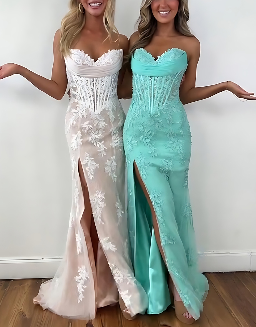Green Lace Corset Mermaid Sweetheart Long Prom Dress with Slit
