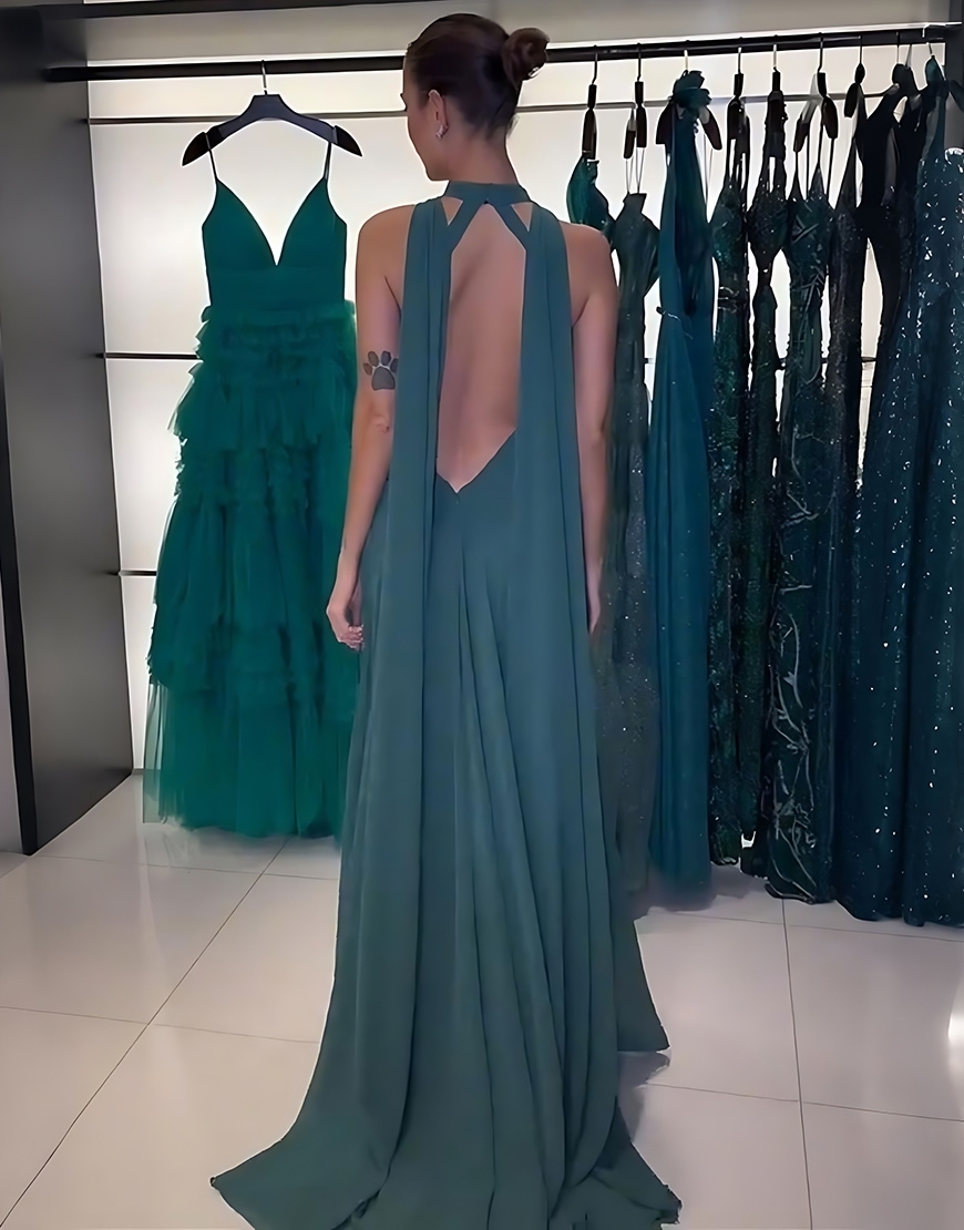 Peacock Green Chiffon Sheath Floral Backless Long Prom Dress with Streamer