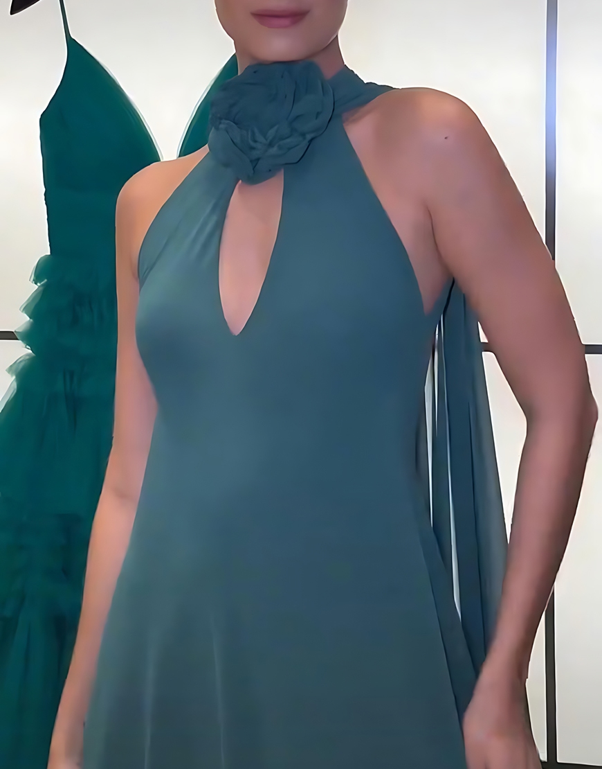 Peacock Green Chiffon Sheath Floral Backless Long Prom Dress with Streamer