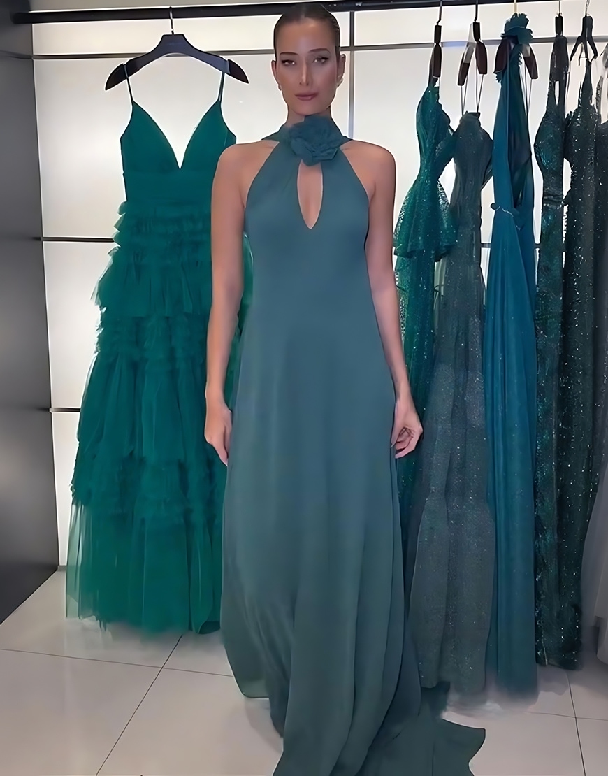 Peacock Green Chiffon Sheath Floral Backless Long Prom Dress with Streamer