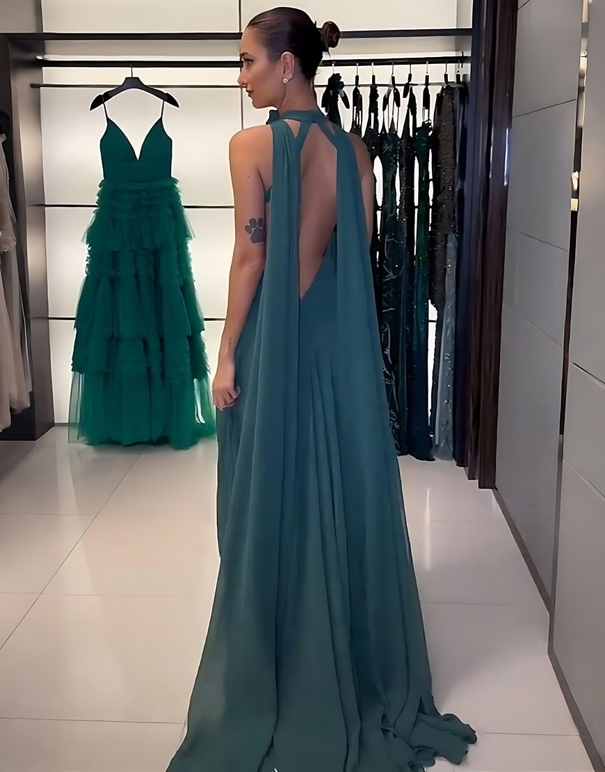 Peacock Green Chiffon Sheath Floral Backless Long Prom Dress with Streamer