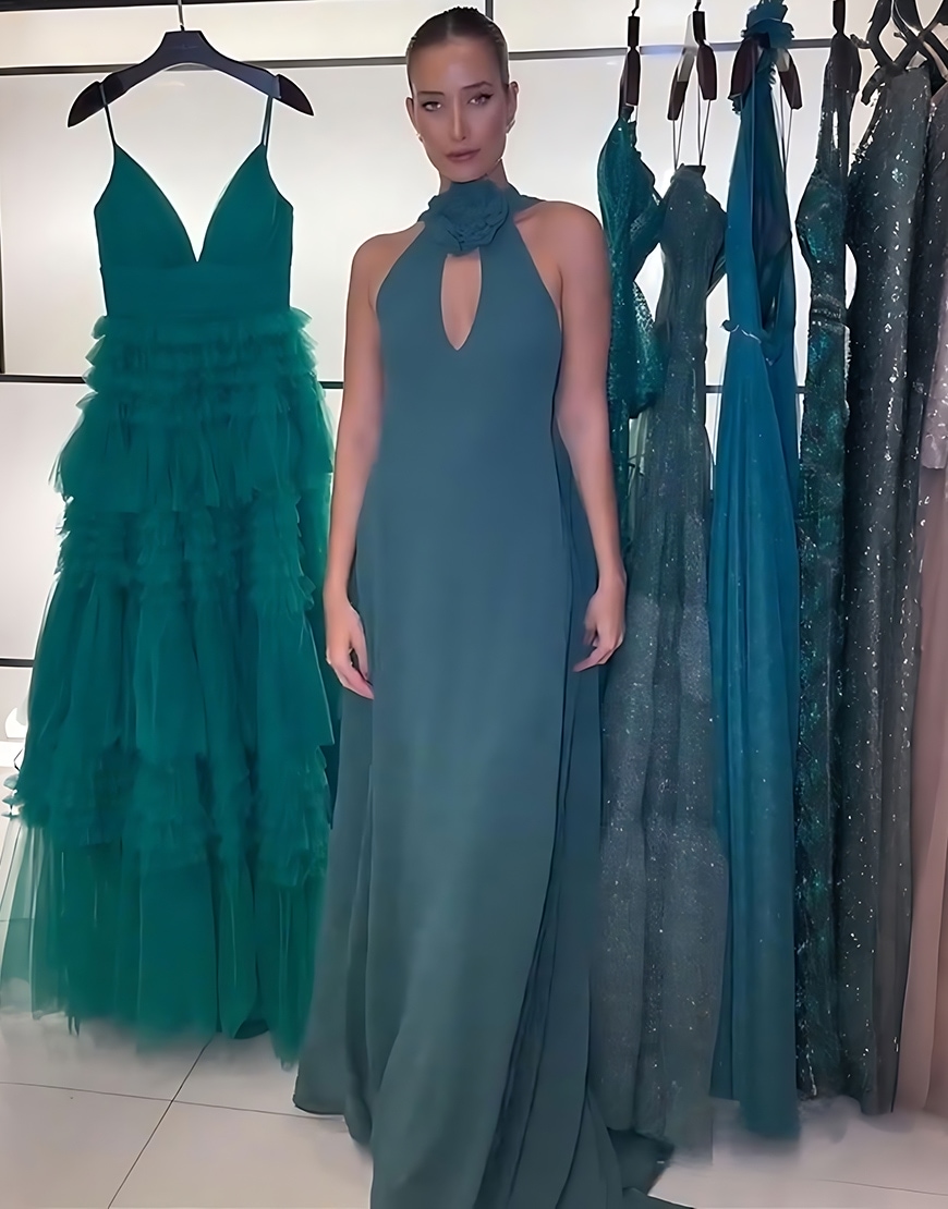 Peacock Green Chiffon Sheath Floral Backless Long Prom Dress with Streamer