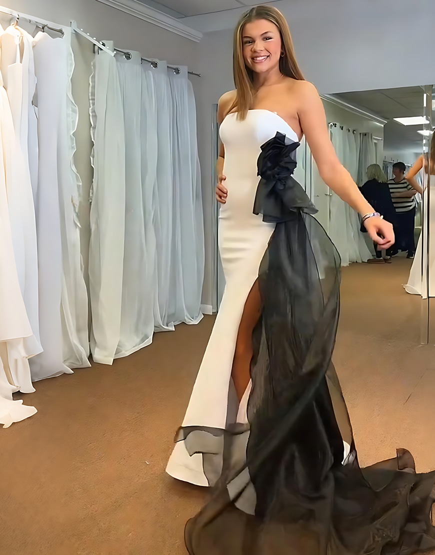 White Floral Strapless Long Mermaid Prom Dress with Side Cape