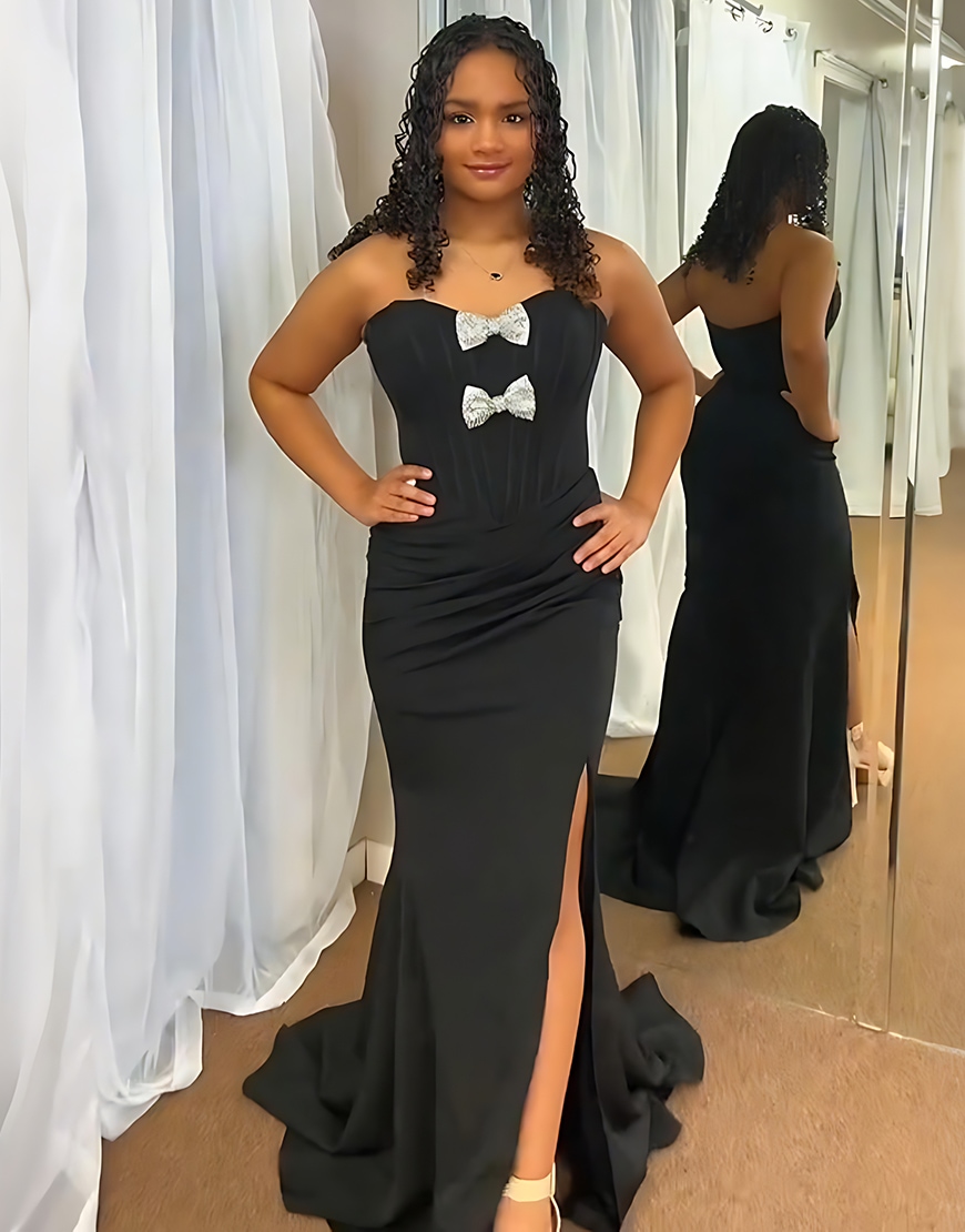 Black Corset Mermaid Sweetheart Satin Long Prom Dress with Bows