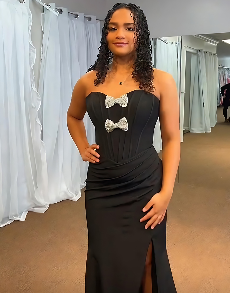 Black Corset Mermaid Sweetheart Satin Long Prom Dress with Bows