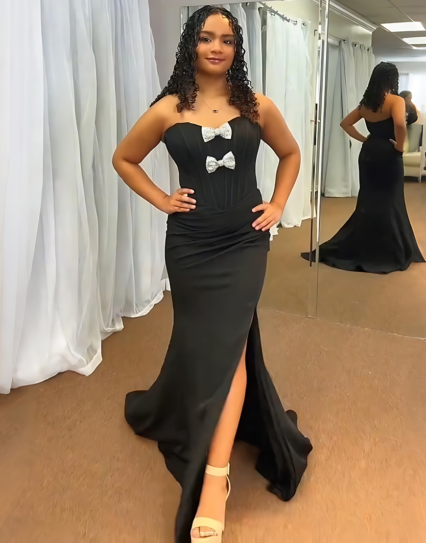 Black Corset Mermaid Sweetheart Satin Long Prom Dress with Bows