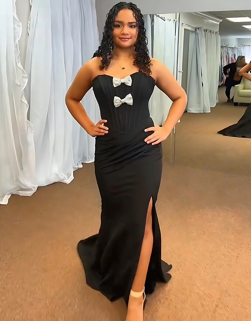 Black Corset Mermaid Sweetheart Satin Long Prom Dress with Bows