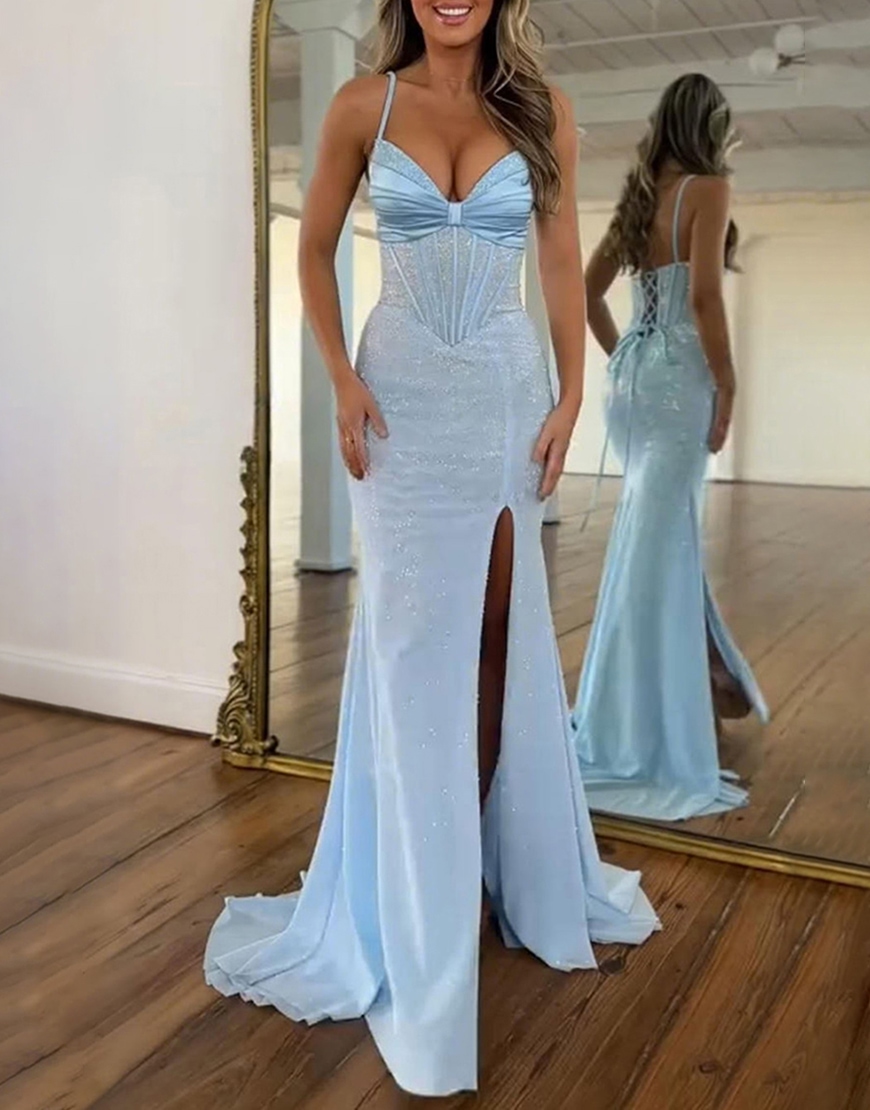 Sparkly Blue Corset Mermaid Satin Beaded Long Prom Dress with Slit