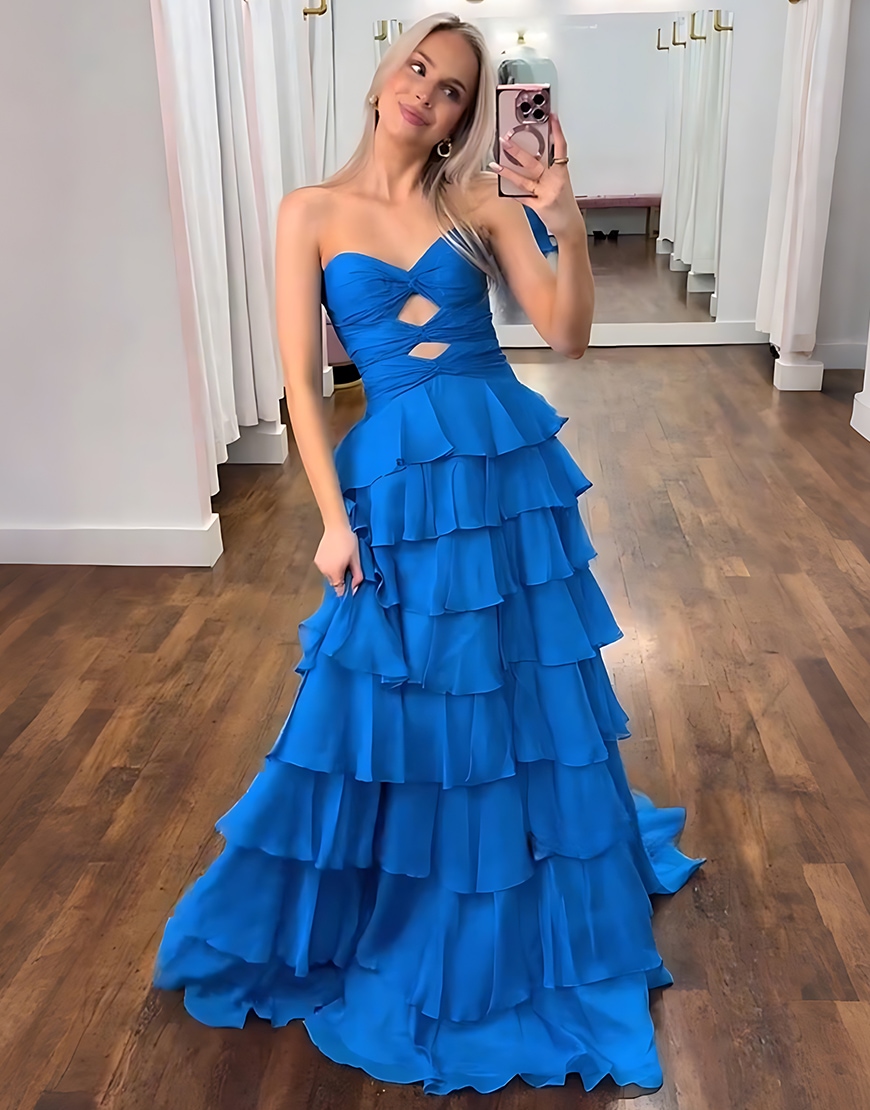 Dark Blue Sweetheart Cut Out Long A Line Prom Dress with Ruffles