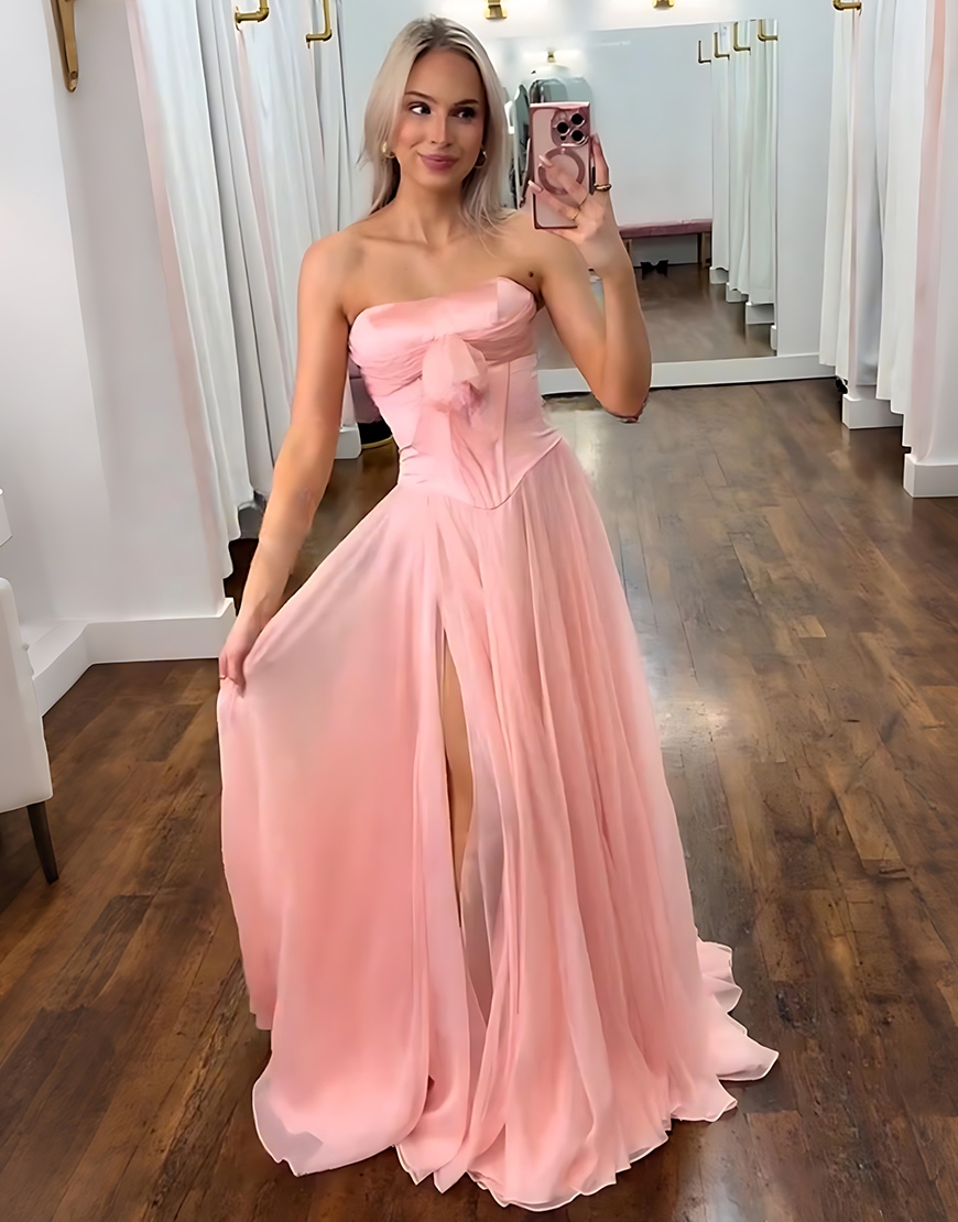 Green Chiffon Strapless Corset A Line Long Prom Dress with Slit