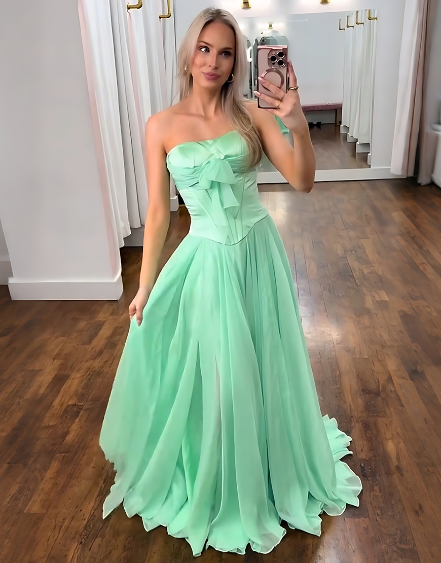 Green Chiffon Strapless Corset A Line Long Prom Dress with Slit