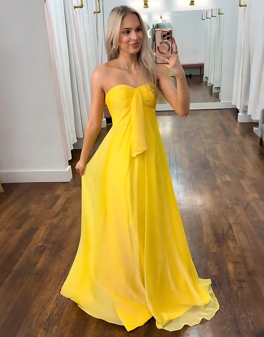 Simple Yellow Chiffon Sweetheart Long Prom Dress with Sash