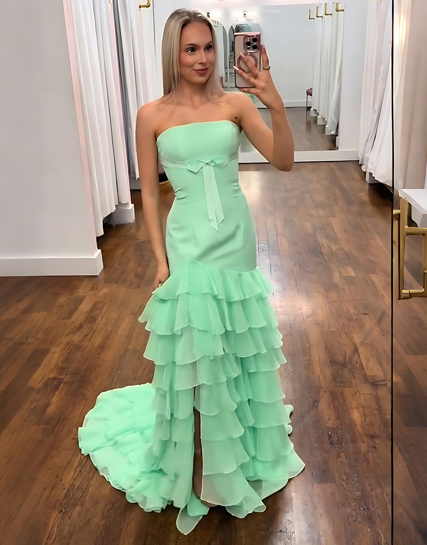 Green Tiered Ruffled Chiffon Long Mermaid Prom Dress with Slit