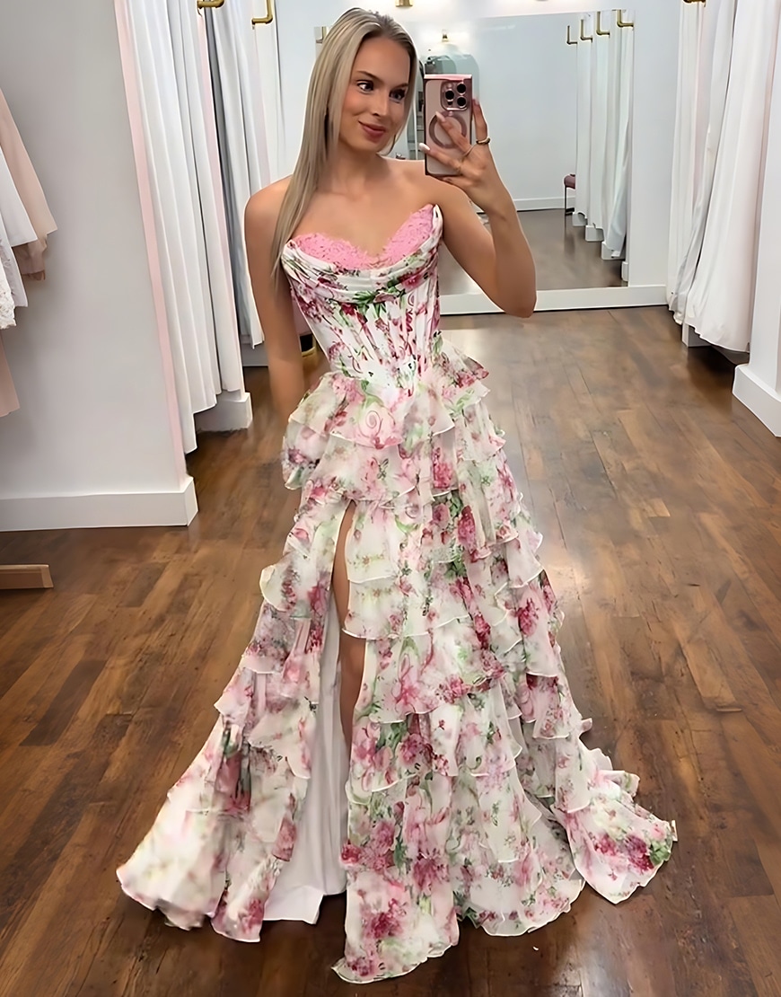 Pink Floral Corset Ruffled Strapless Long Prom Dress with Slit