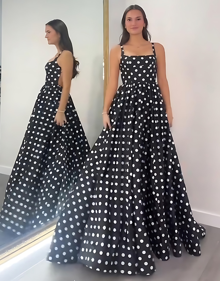 Black White Polka Dots A Line Square Neck Long Prom Dress