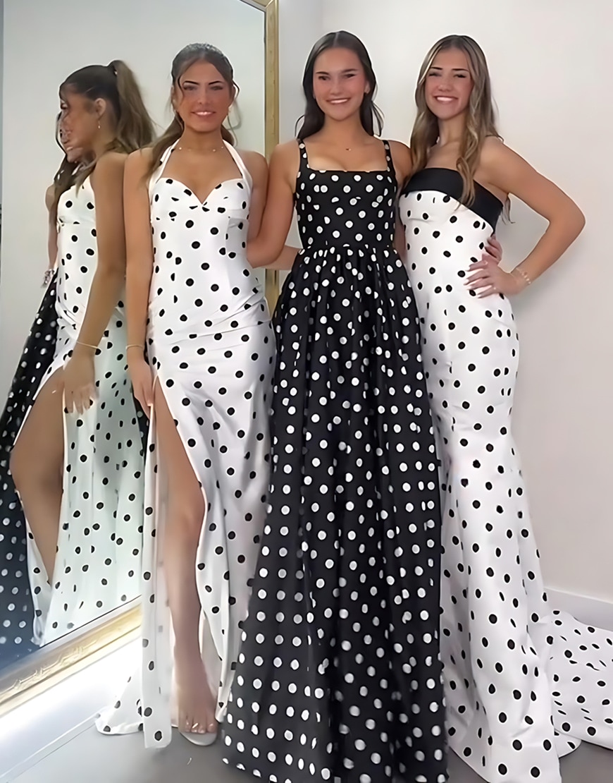 Black White Polka Dots A Line Square Neck Long Prom Dress