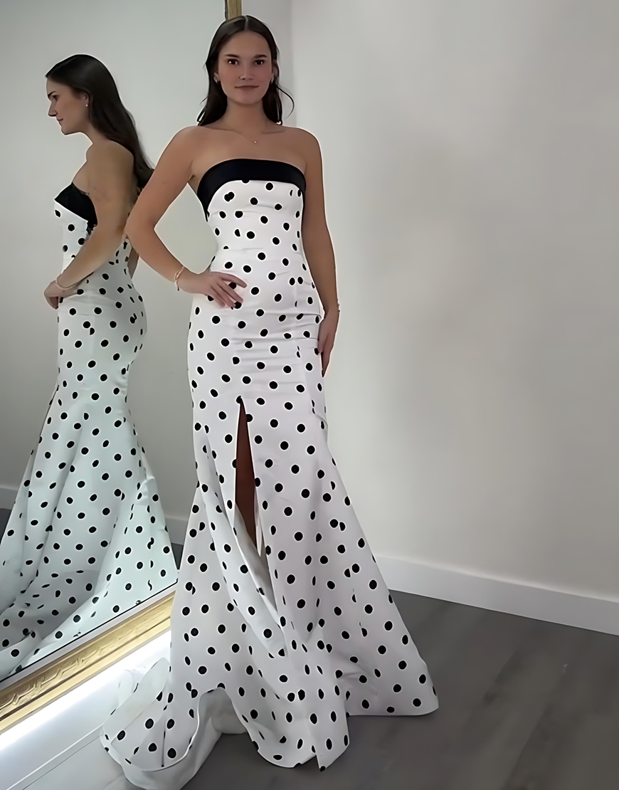 White Black Polka Dots Mermaid Strapless Long Prom Dress with Slit