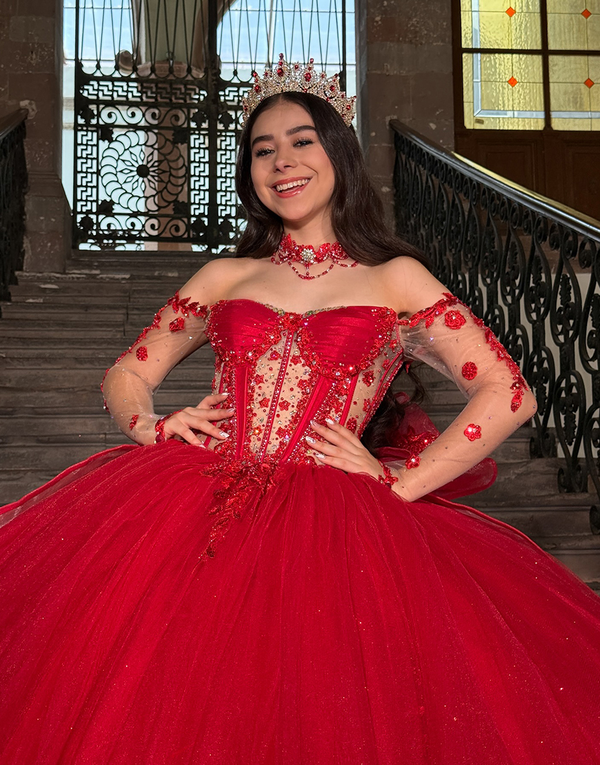 Sparkly Red Corset Organza Princess Ball Gown Long Quinceanera Dress with Beading