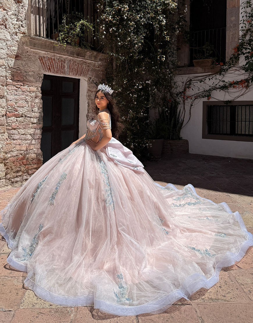 Sparkly Blush Corset Beaded Tulle Ball Gown Long Quinceanera Dress with Bow