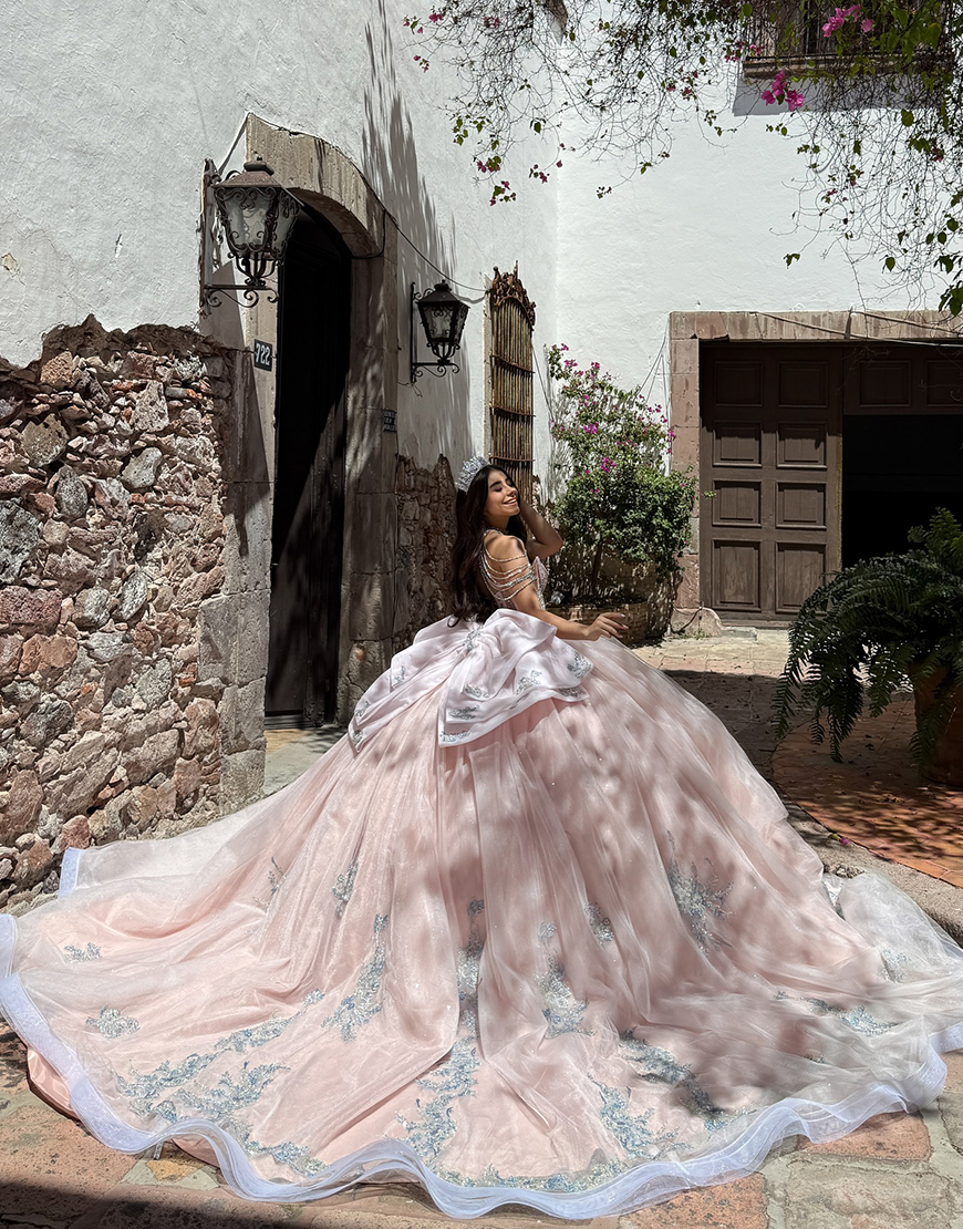 Sparkly Blush Corset Beaded Tulle Ball Gown Long Quinceanera Dress with Bow