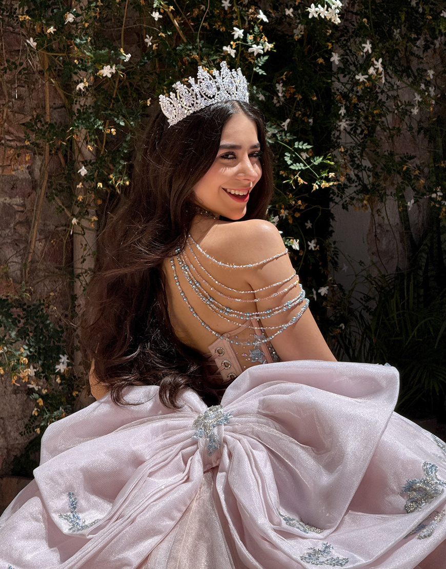 Sparkly Blush Corset Beaded Tulle Ball Gown Long Quinceanera Dress with Bow