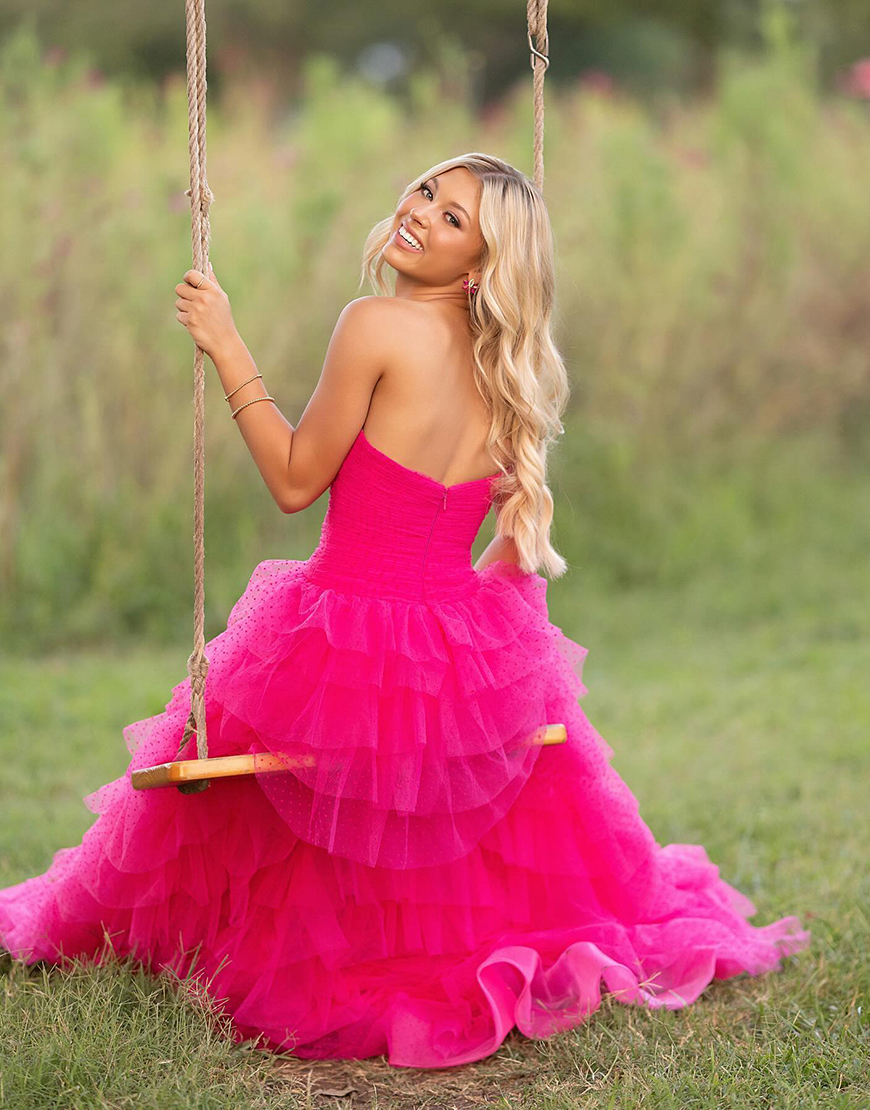 Fuchsia Polka Dots Ruffled Cut Out Sweetheart Long Prom Dress with Bows