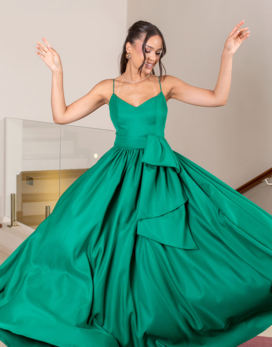 Green Corset A Line Satin Spaghetti Straps Long Prom Dress with Streamer