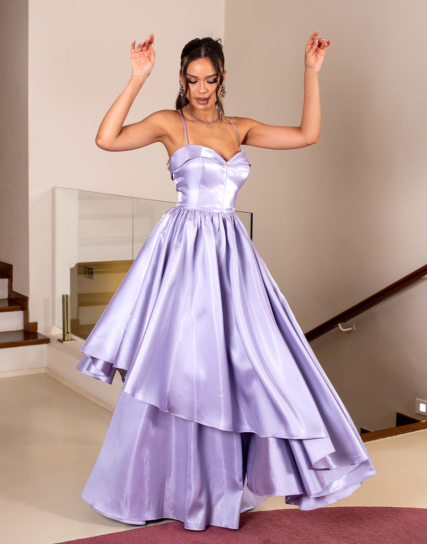 Lilac Satin Corset Spaghetti Straps Tiered A Line Long Prom Dress with Ruffles