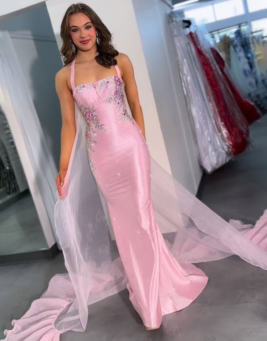 Sparkly Pink Floral Satin Halter Mermaid Long Prom Dress with Cape