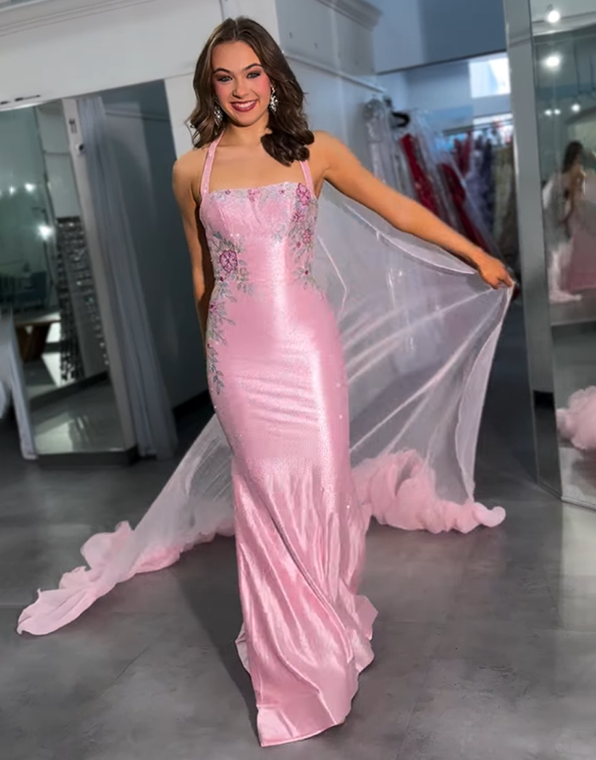 Sparkly Pink Floral Satin Halter Mermaid Long Prom Dress with Cape