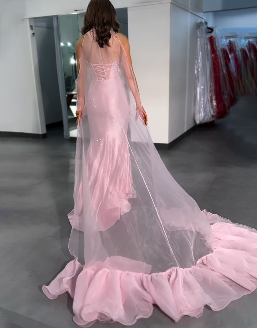 Sparkly Pink Floral Satin Halter Mermaid Long Prom Dress with Cape