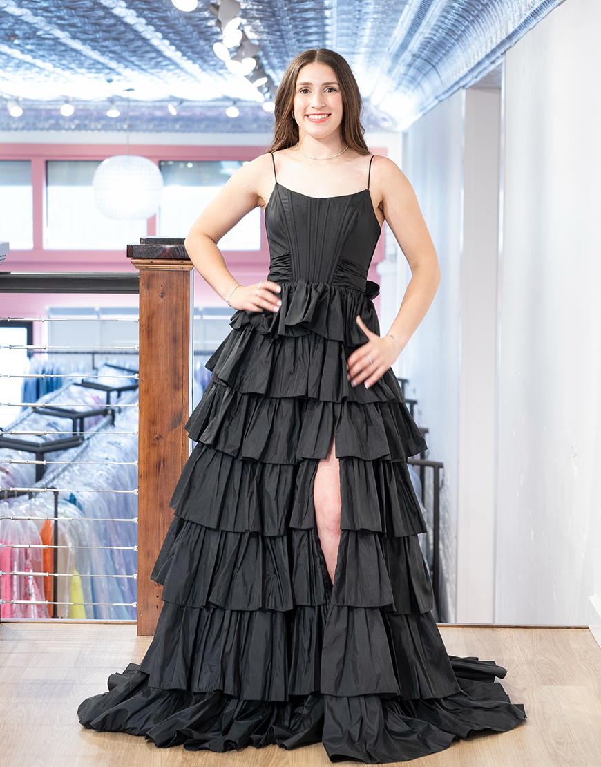 Black Ruffled Corset A Line Tiered Long Prom Dress with Bow