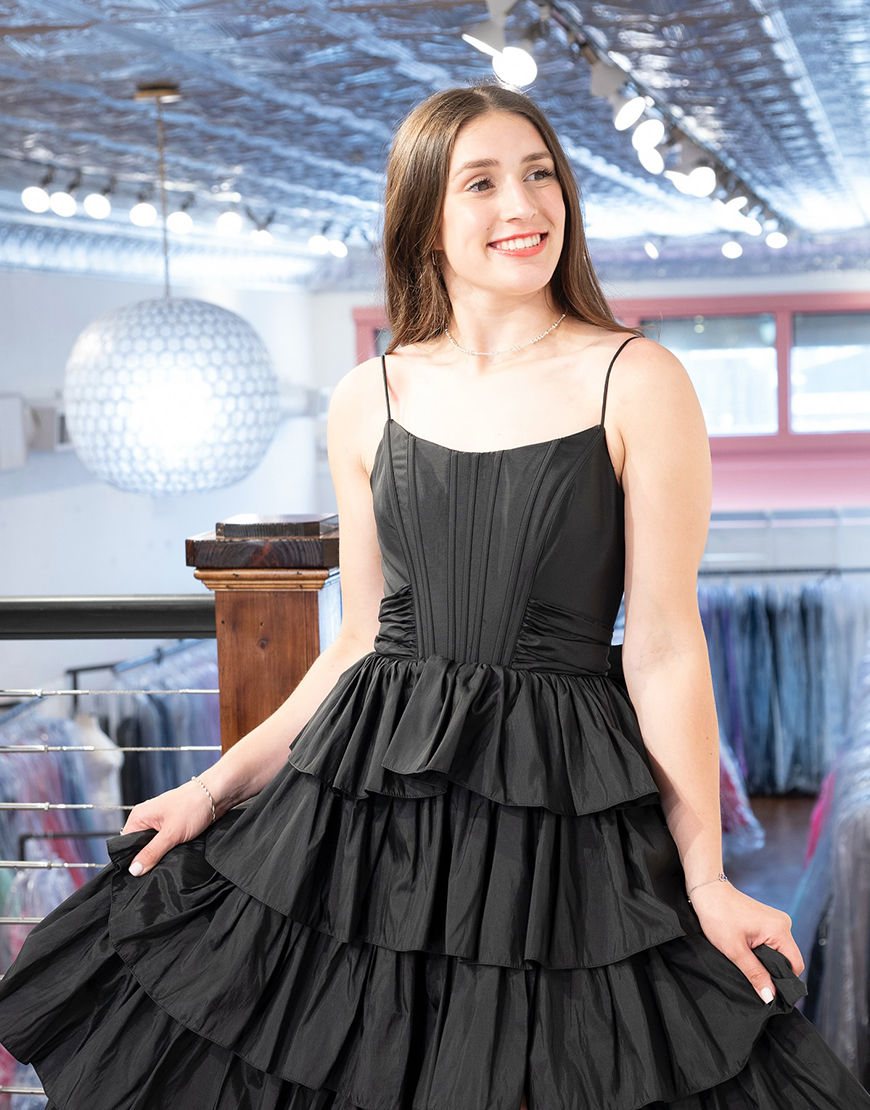 Black Ruffled Corset A Line Tiered Long Prom Dress with Bow