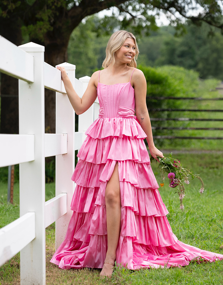 Black Ruffled Corset A Line Tiered Long Prom Dress with Bow