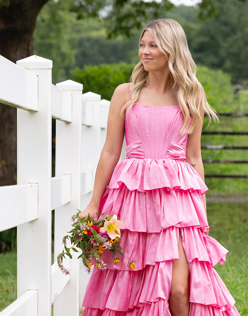 Black Ruffled Corset A Line Tiered Long Prom Dress with Bow