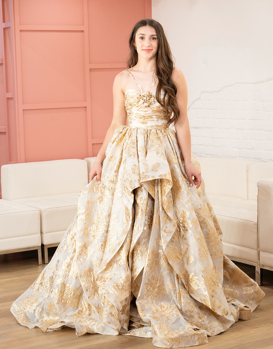 Gold Jacquard Halter Ruffled Ball Gown Long Prom Dress with 3D Flower